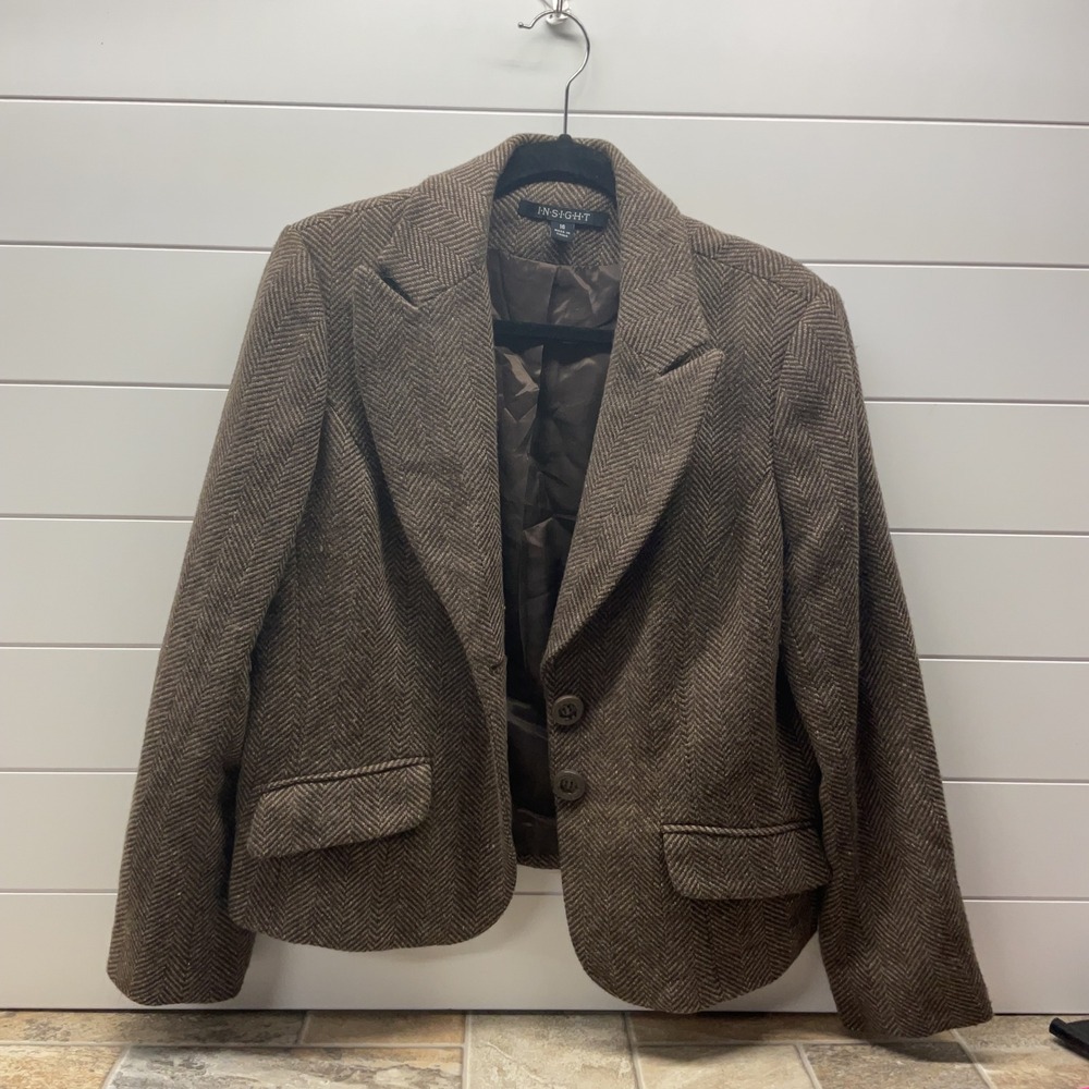 Insight Brown Herringbone Wool Blend Blazer Jacket Two Button Size 16 RN62008